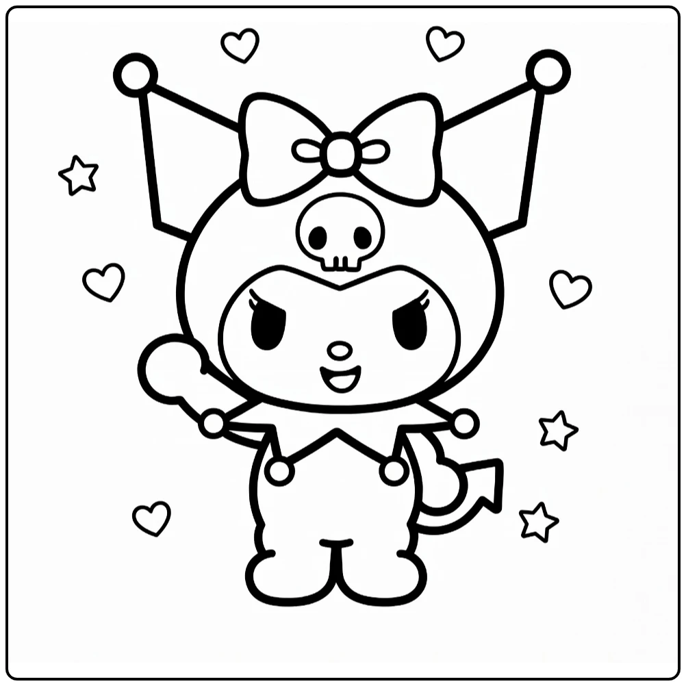 Easy Cheerful Kuromi with Hearts coloring page