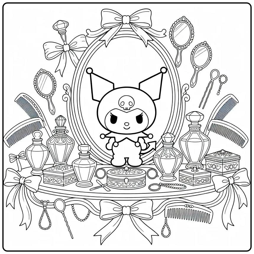 Kuromi Detailed at Luxurious Vanity with Accessories coloring page