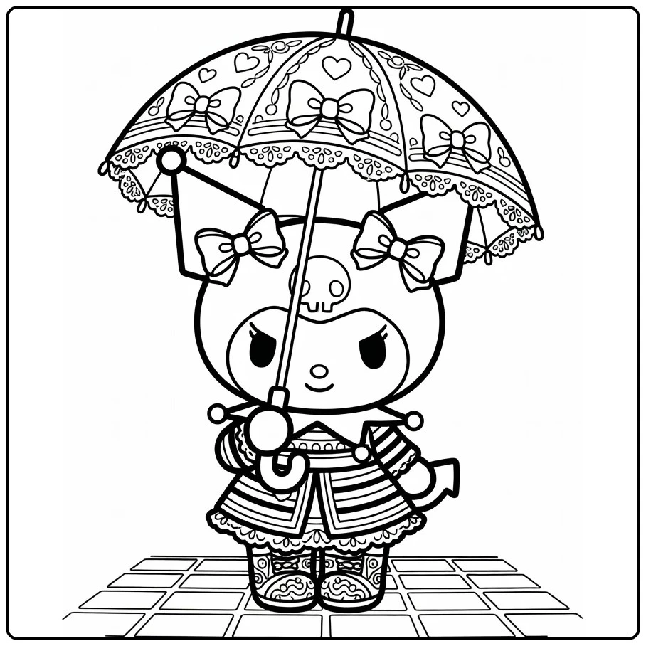 Detailed Kuromi with Parasol and Outfit coloring page