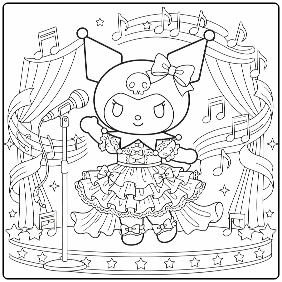 Kuromi Detailed with Frilly Outfit and Notes coloring page