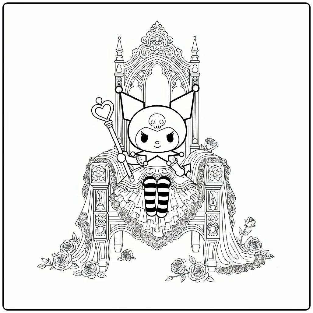Kuromi Detailed with Gothic Chair and Heart Scepter coloring page