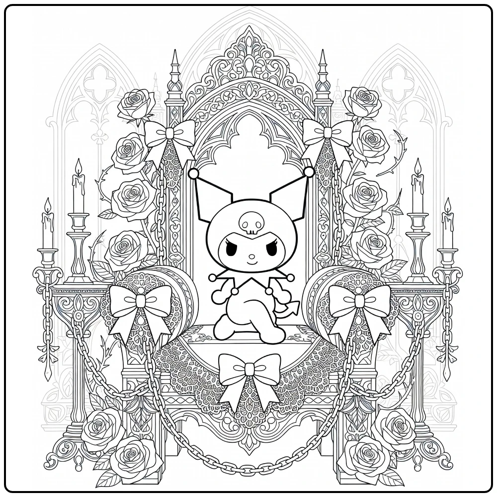 Kuromi Detailed with Gothic Throne and Lace coloring page