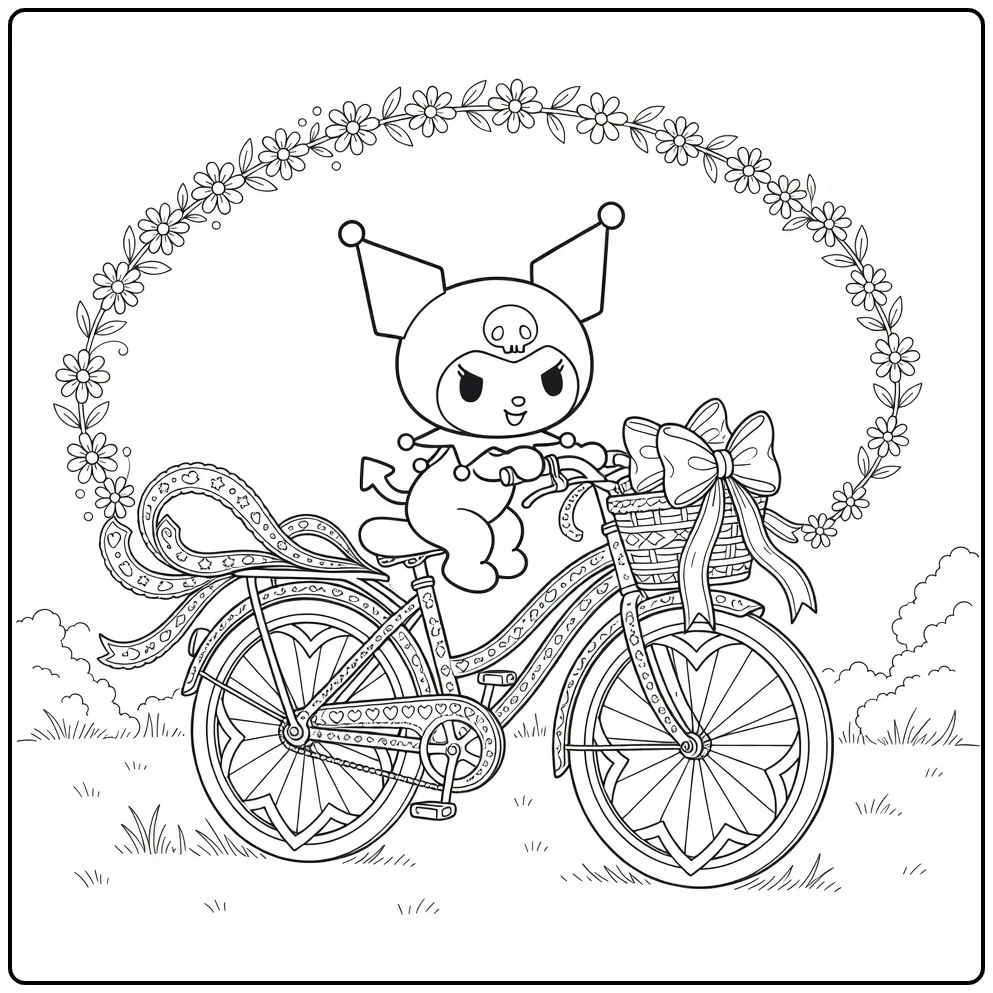 Kuromi Detailed with Ribbons Daisies and Leaves coloring page