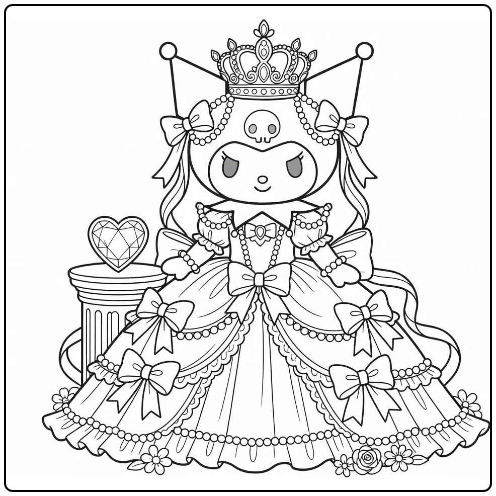 detailed Kuromi coloring page as a princess with a crown, dress, bows, and flowers