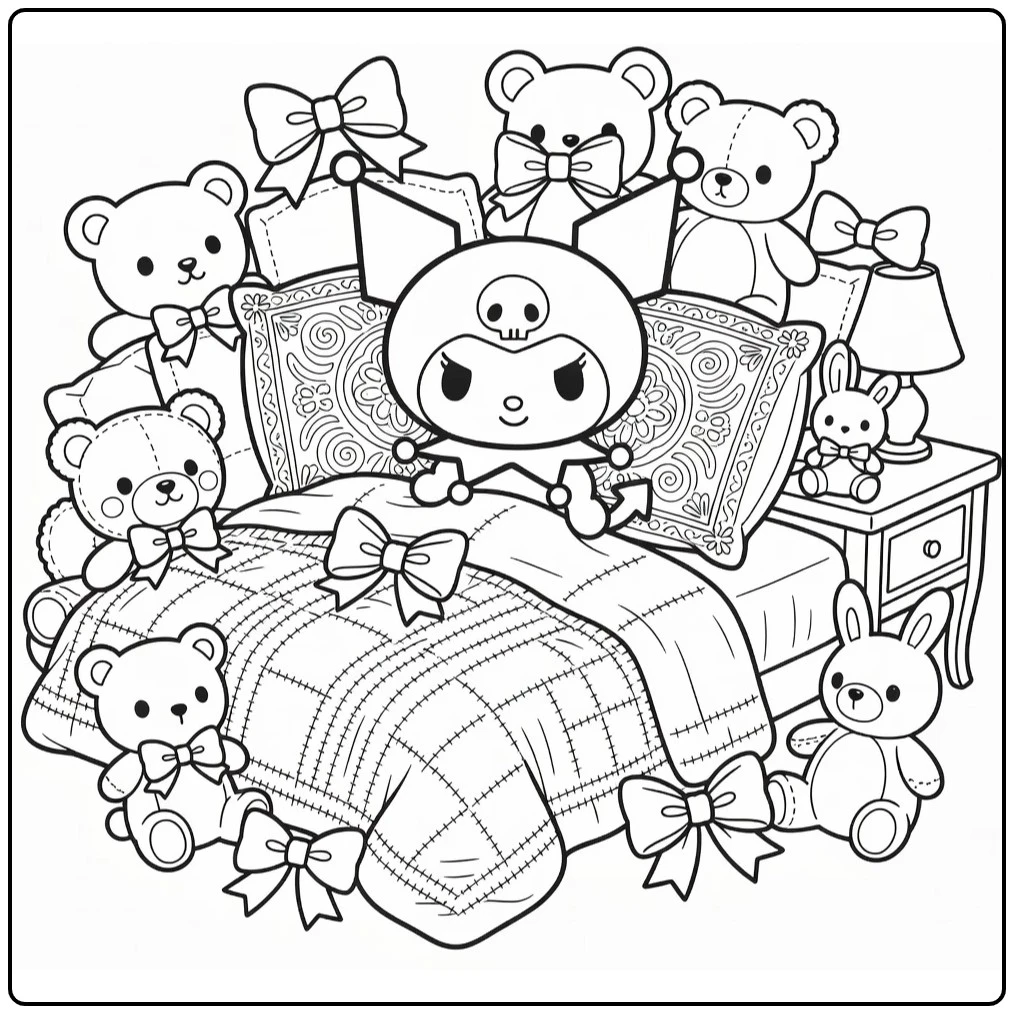 Kuromi Detailed Bedroom with Pillow and Blankets coloring page