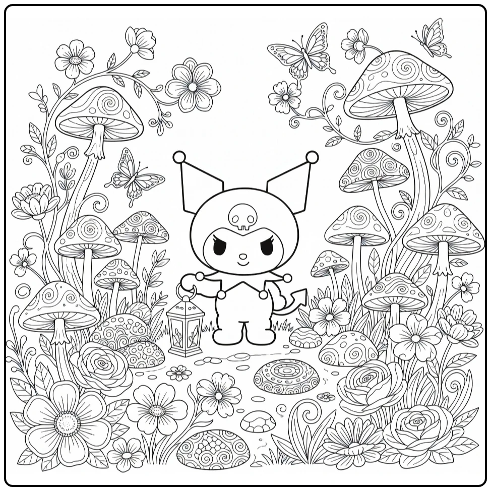 Detailed Confident Kuromi with Lantern in Garden coloring page