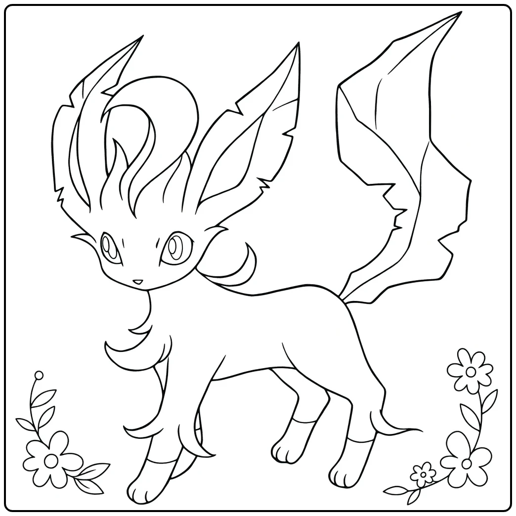 Leafeon Cute Fox with Leaf Ears and Flowers coloring page