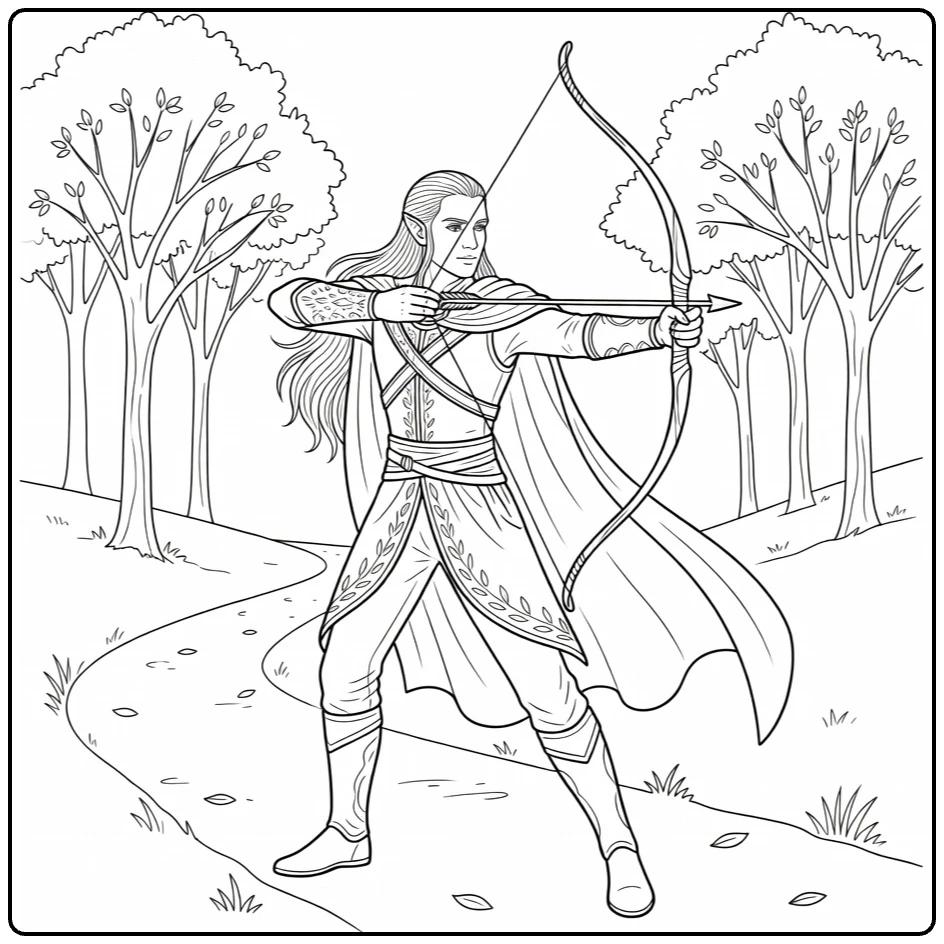 Legolas Graceful Pose on Forest Path with Arch coloring page