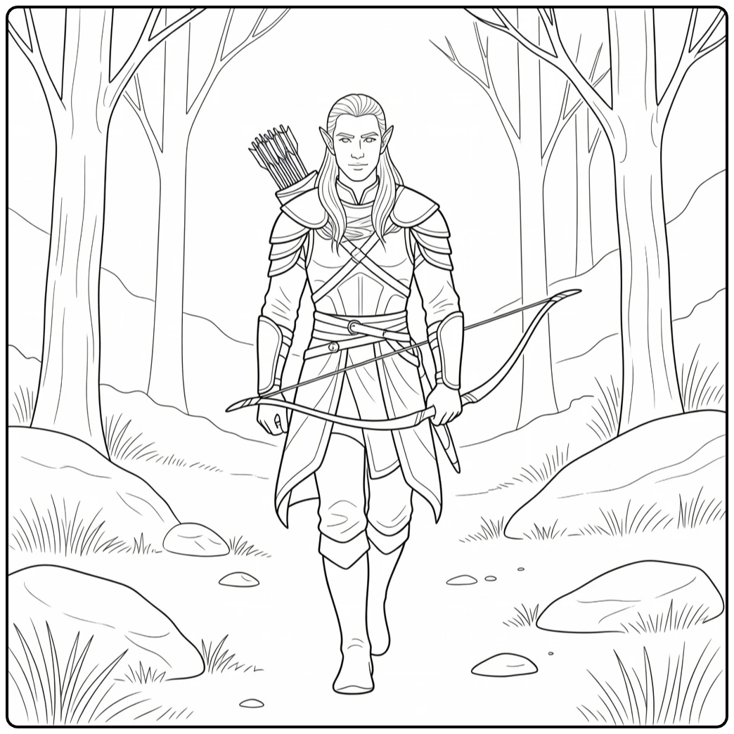 Legolas in Rocky Forest Meadow with Quiver coloring page