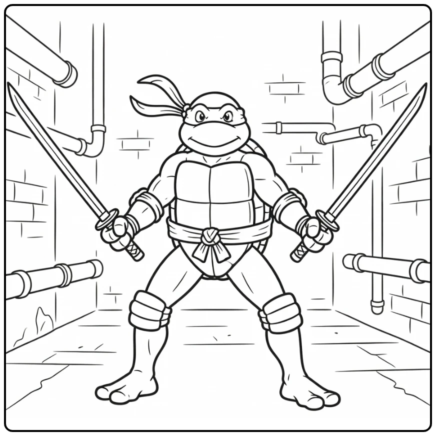 Leonardo with Swords in Sewer Tunnel coloring page