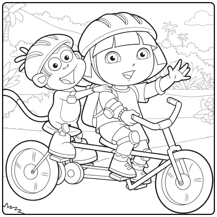 Fun Dora Boots Riding a Bicycle Jungle coloring page