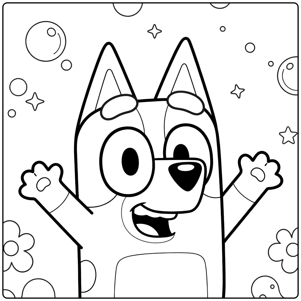 Bingo Bluey coloring page with bubbles, stars, and flowers