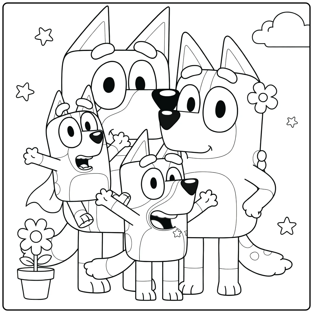 Fun Bluey Family with Stars coloring page