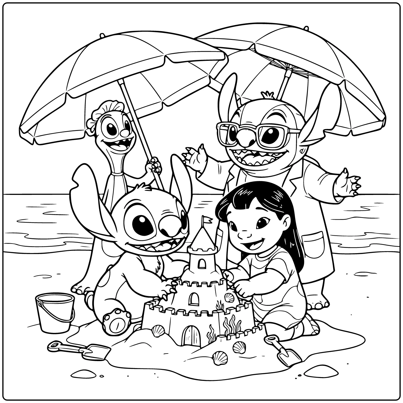 Stitch and Lilo at Sand Castle coloring page
