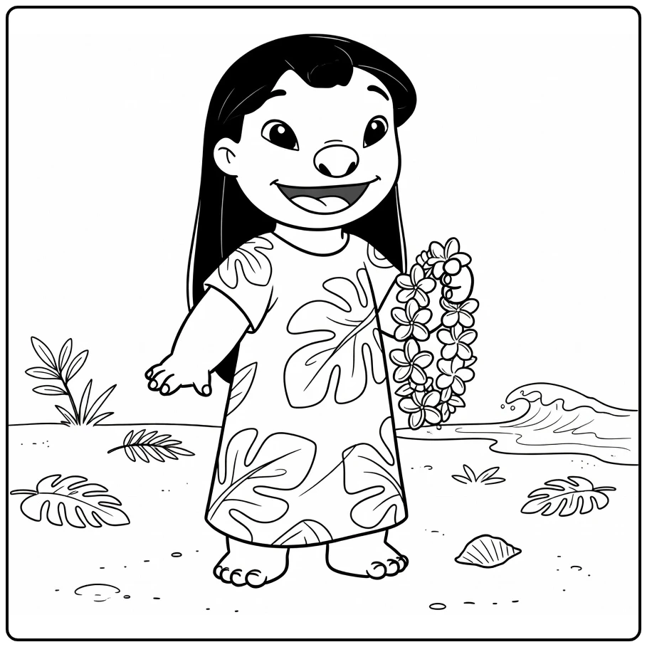 Happy Stitch and Lilo on a Hawaiian Beach coloring page