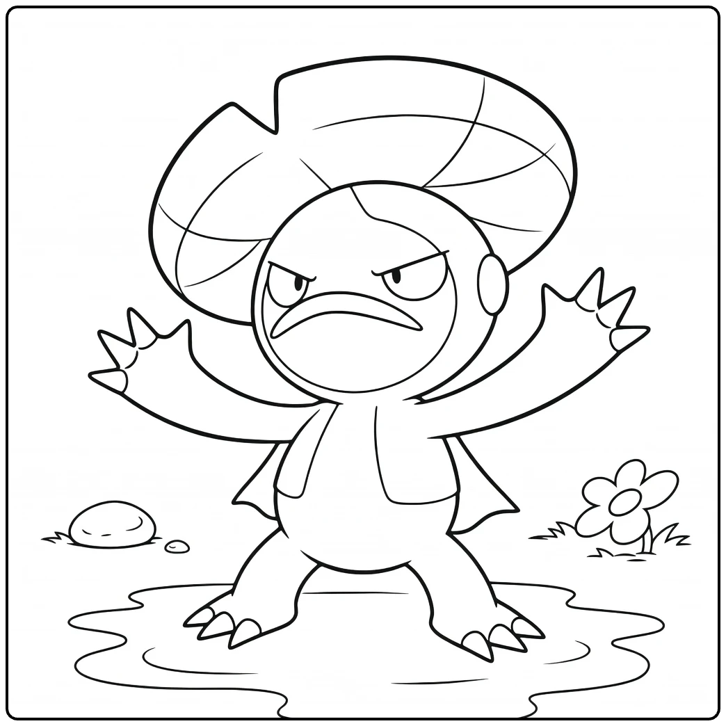 Lombre Water Pokemon with a Lily Hat and Claws coloring page