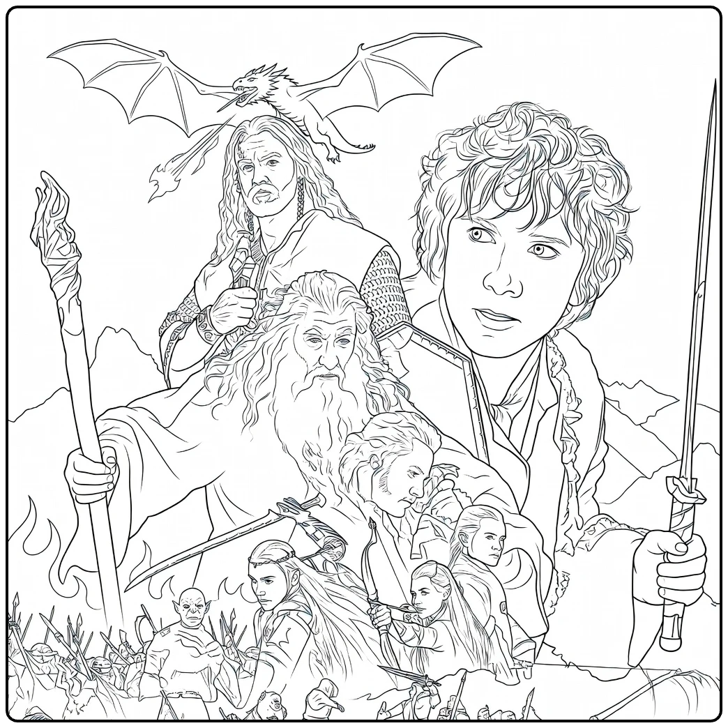 The Lord of the Rings coloring page with dwarves, elves, a goblin army, and a dragon