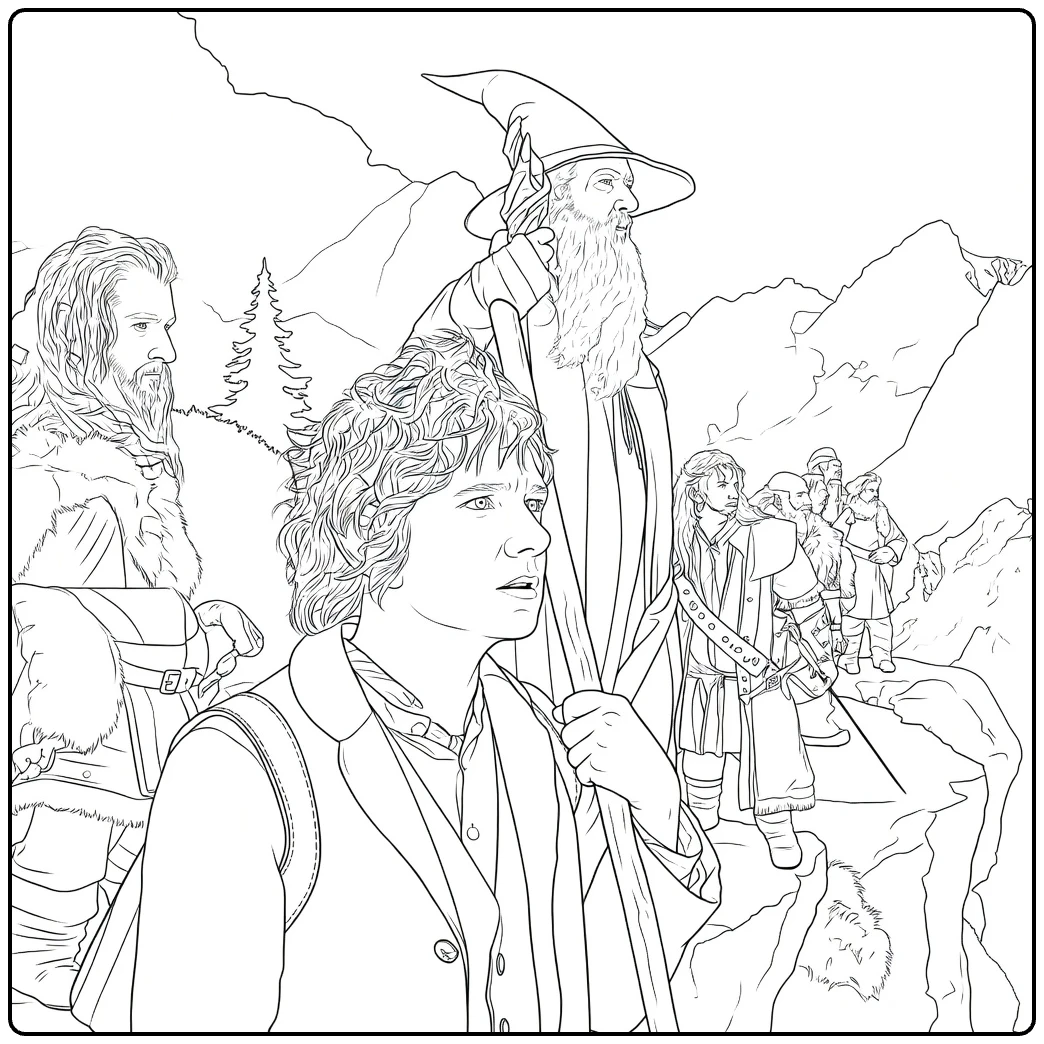 Lord of the Rings Hobbit Dwarf and Wizard on Mountain coloring page