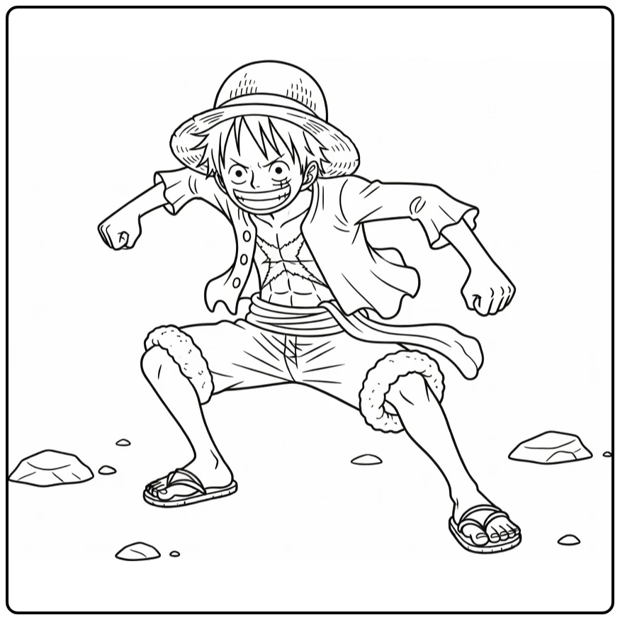 Luffy Crouching Ready for Adventure in Field coloring page