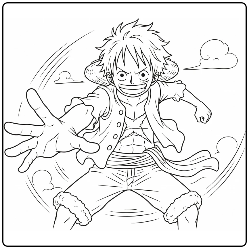 Luffy in Action Pose with Motion Lines and Clouds coloring page