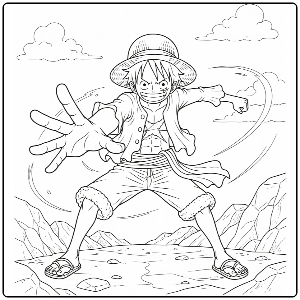 Luffy Attack Pose Clouds and Rocks coloring page