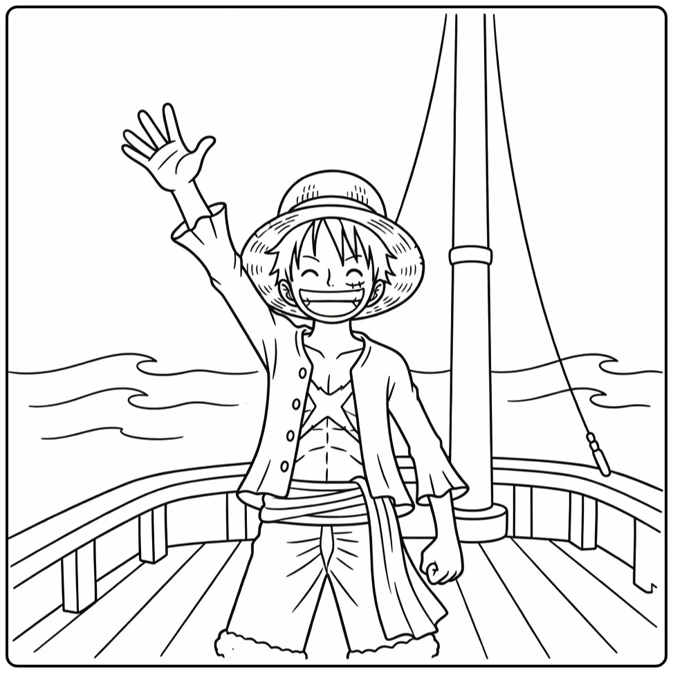 Smiling Luffy and Raised Hand coloring page
