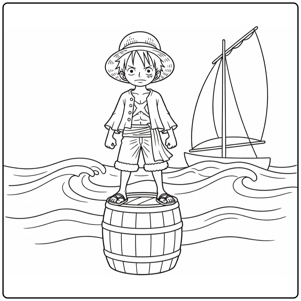 Luffy on a Barrel Looking Out to Sea with Ropes coloring page