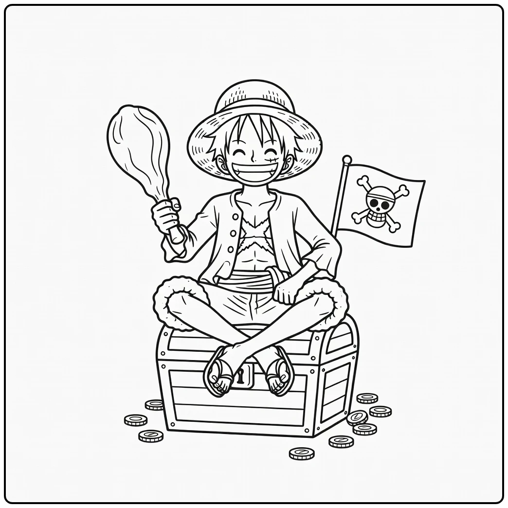 Luffy with a Treasure Chest, Meat, and Pirate Flag coloring page