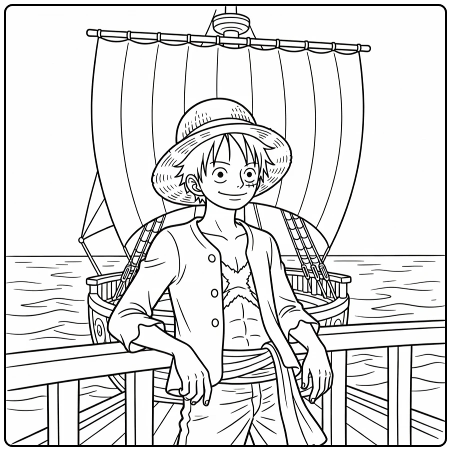 Luffy with a Ship Sail and Calm Ocean Background coloring page