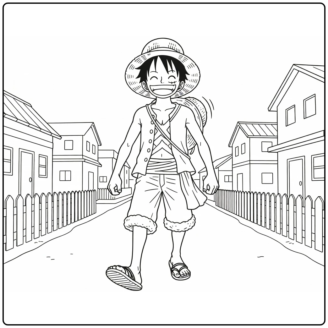 Luffy Straw Hat on Village Path coloring page