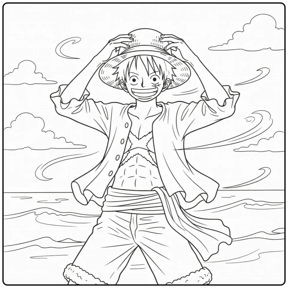Luffy Flowing Shirt and Waves on Sea coloring page