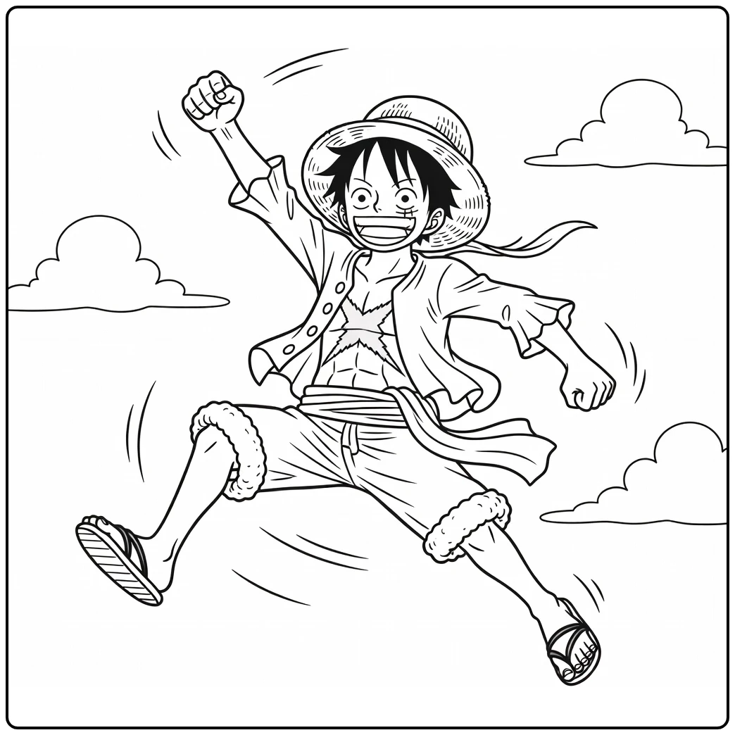 Luffy Jumping Excited with Clouds and Motion coloring page