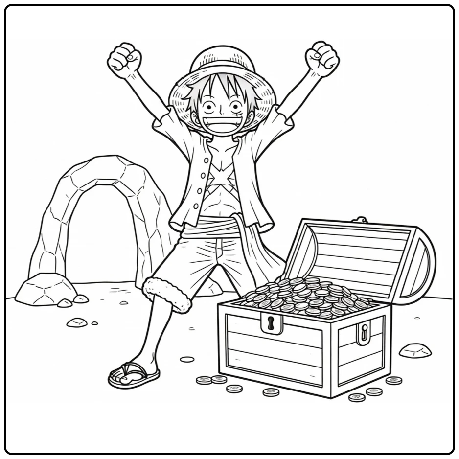 Celebrating Luffy with Coin Chest in Cave coloring page