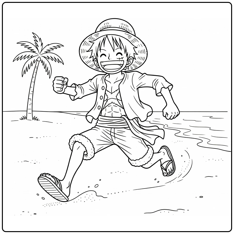 Cheerful Luffy Running on Sandy Beach coloring page