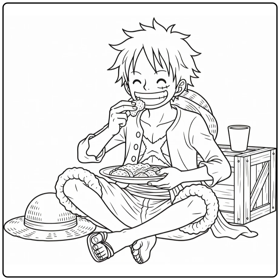 Luffy Cheerful Eating with Crate and Cup coloring page