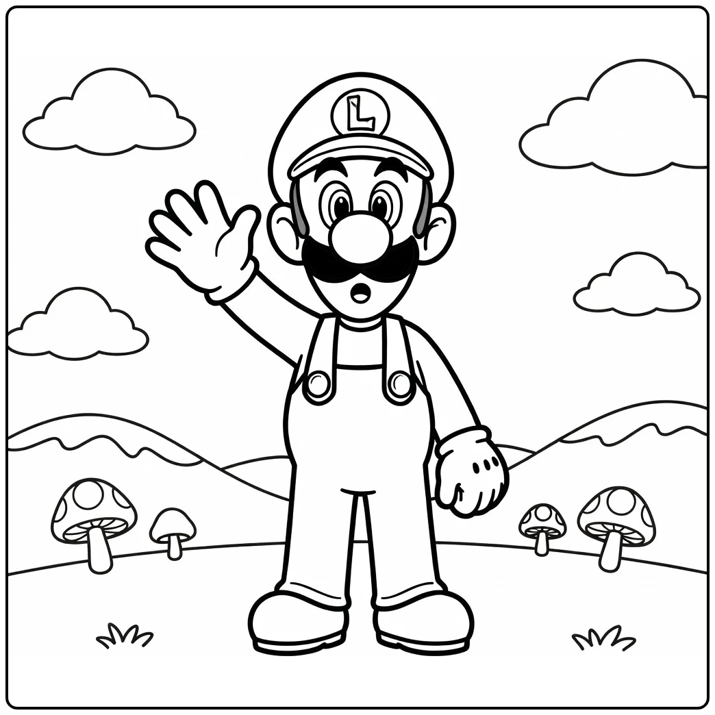 Surprised Luigi Waving in the Mushroom Kingdom coloring page