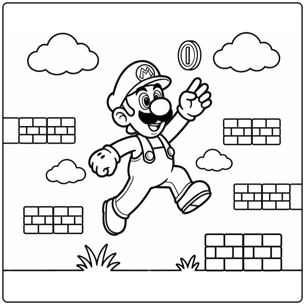 Luigi Jumping Toward Floating Coin coloring page