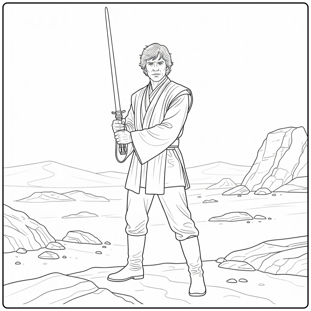 Luke Skywalker in Heroic Pose on Desert coloring page