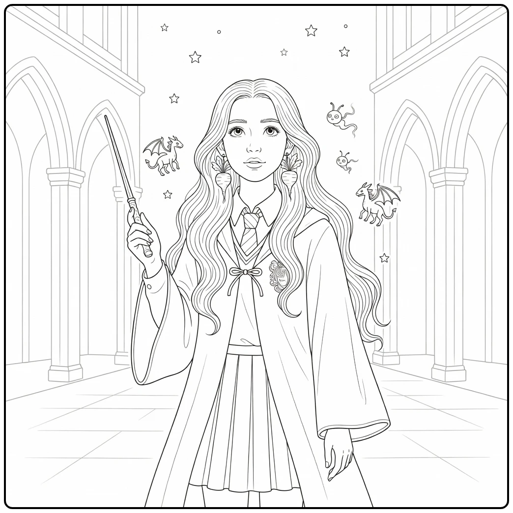 Luna Lovegood in Hogwarts Courtyard with Wand coloring page