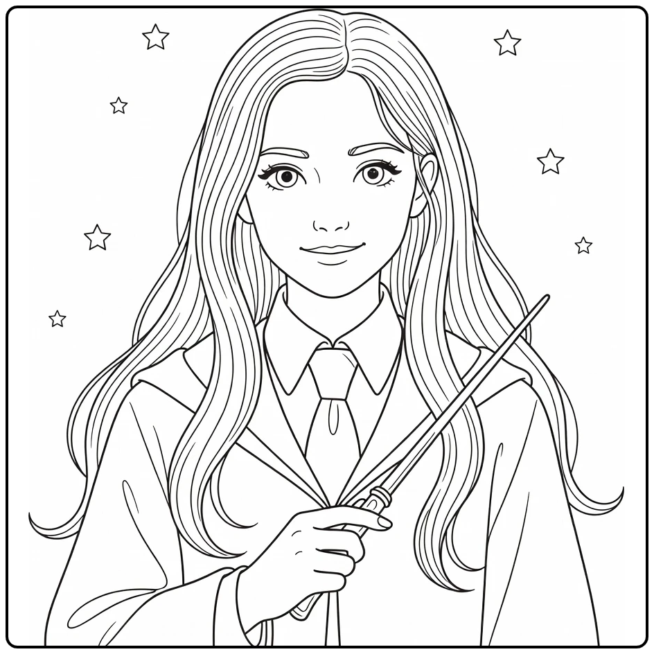 Luna Lovegood in Hogwarts Uniform with Stars coloring page