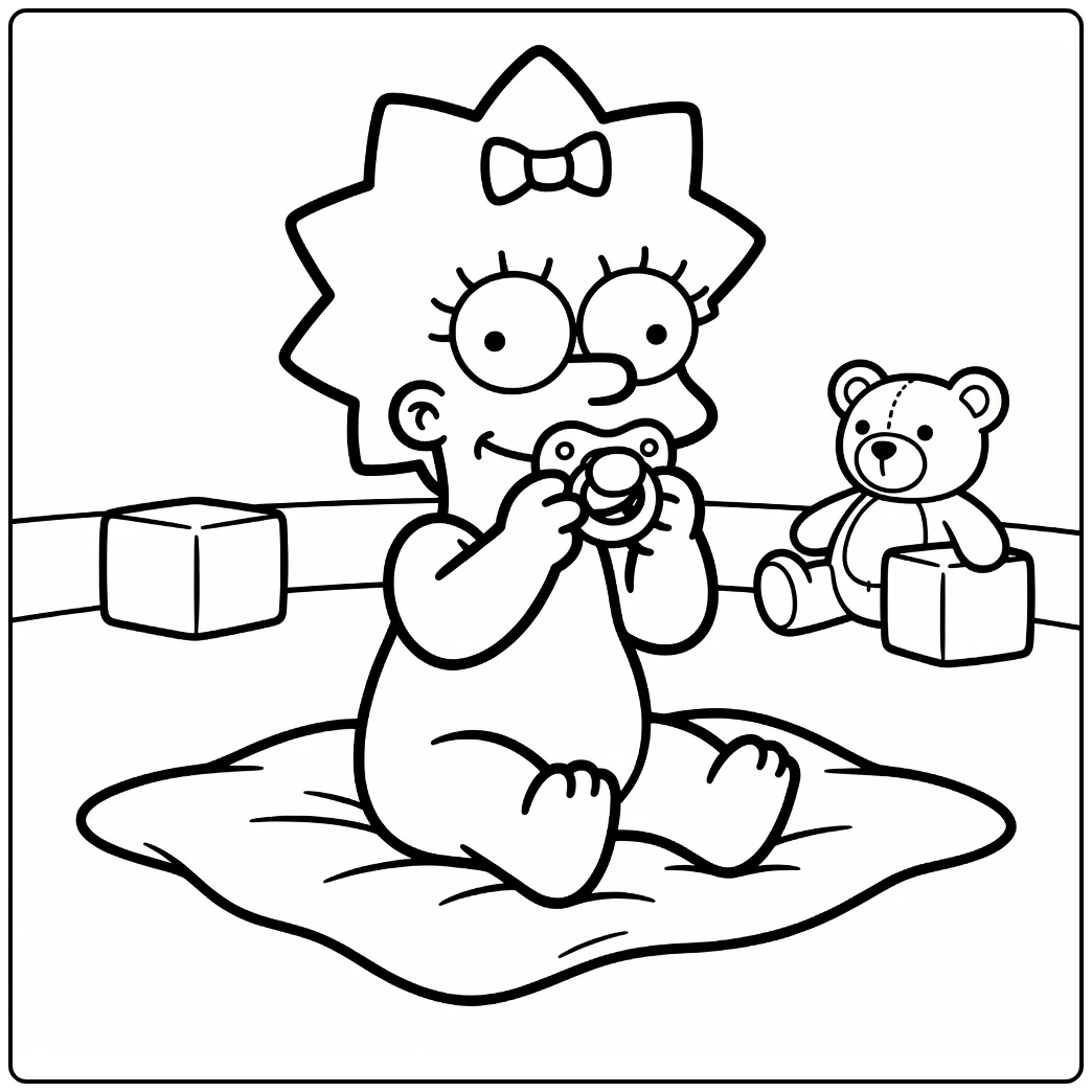 Maggie Simpson Sitting on Blanket with Toys coloring page
