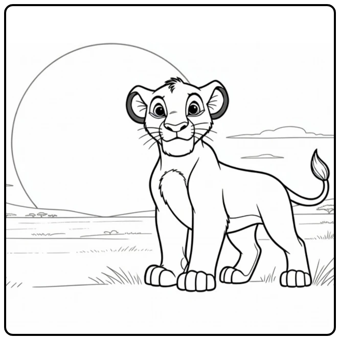 Majestic Simba with Horizon Sun coloring page