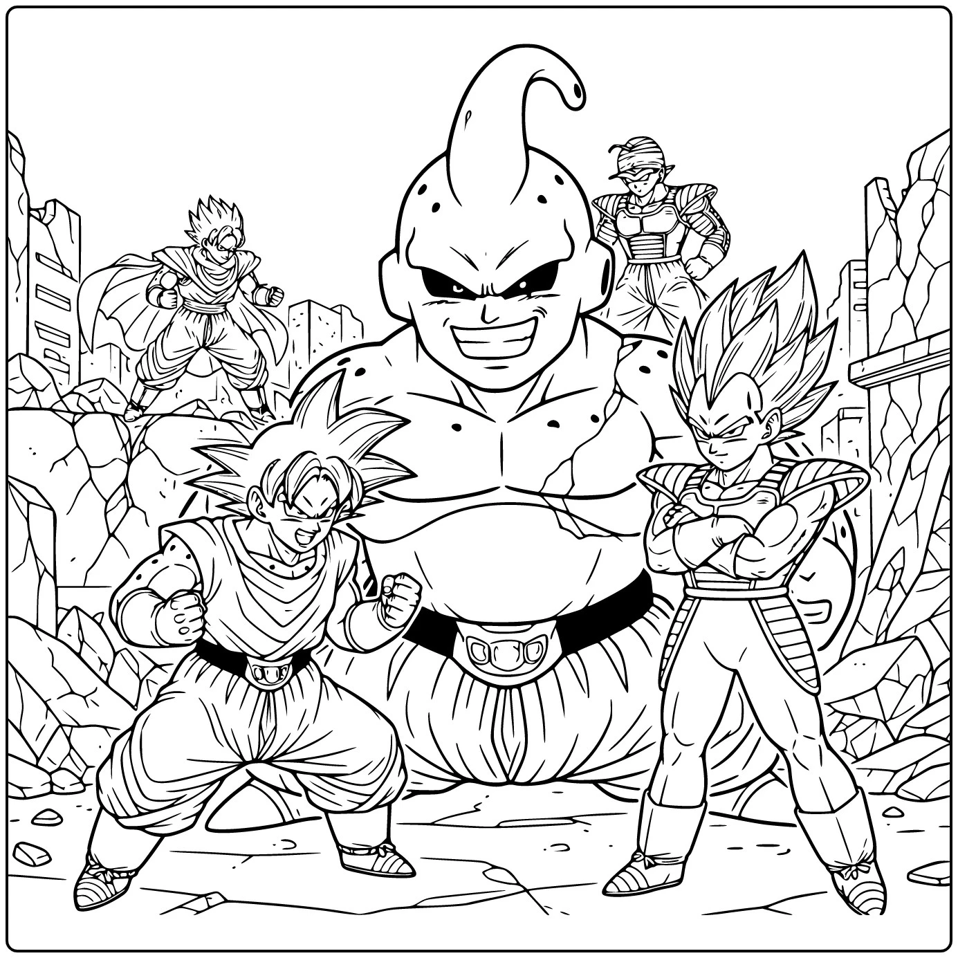 Dragon Ball Z coloring page with Majin Buu facing Goku and Vegeta