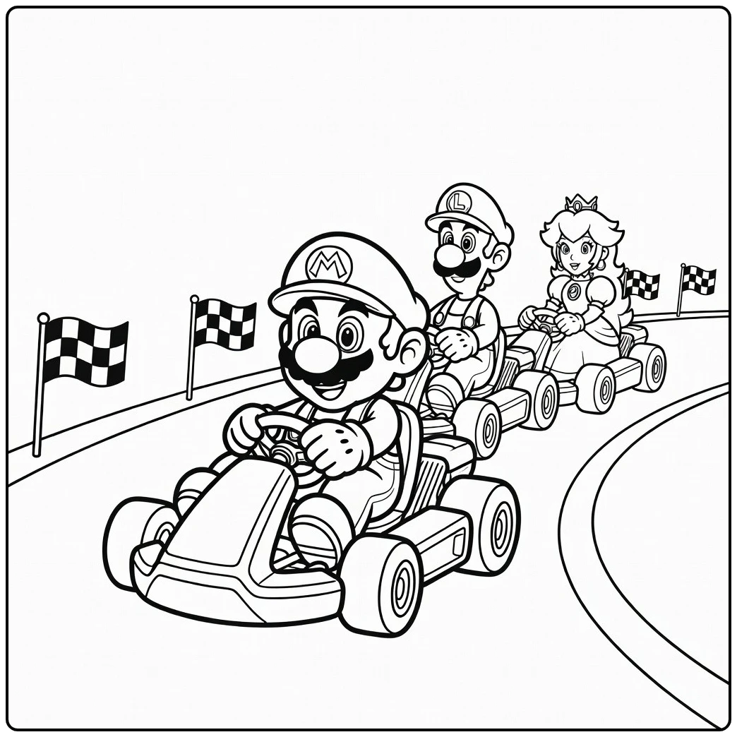 Easy Mario Sitting in the Center with Luigi Peach coloring page