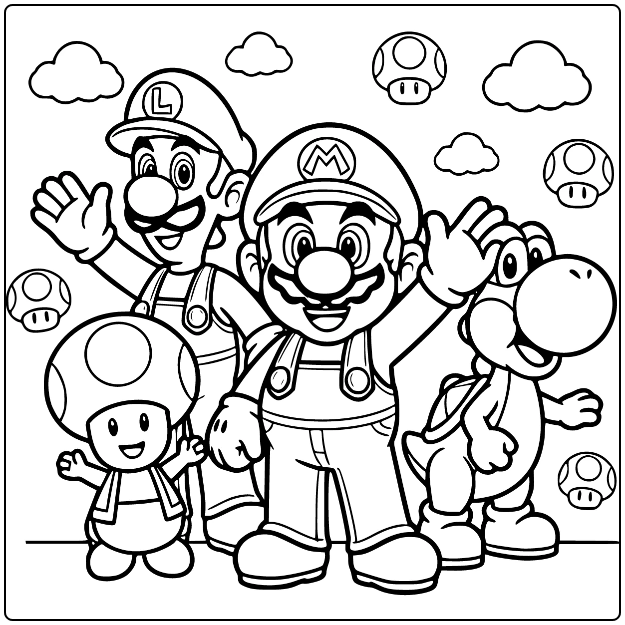 Easy Mario Waving with Luigi, Toad, and Yoshi coloring page