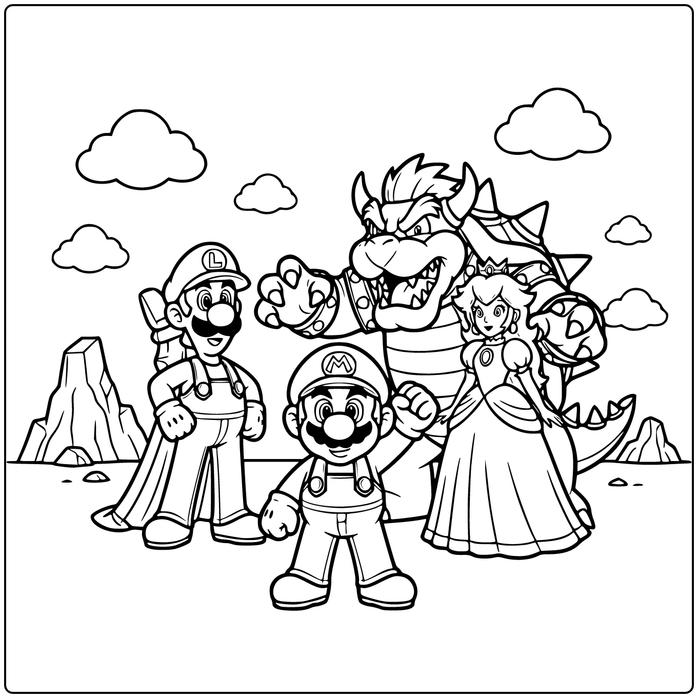 Easy Mario Facing Bowser with Luigi and Peach coloring page