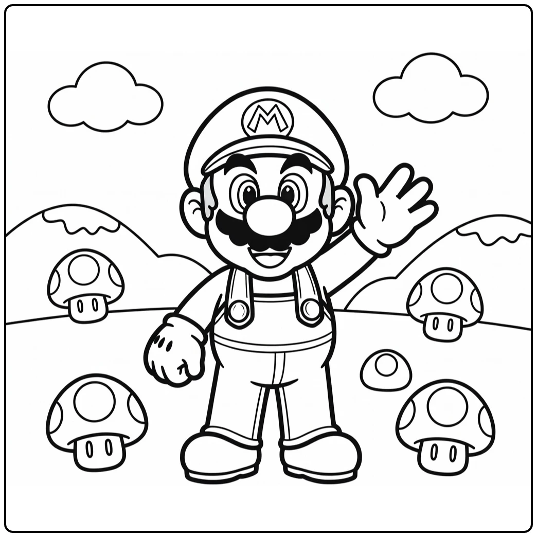 Easy Mario with Mushrooms and Clouds coloring page