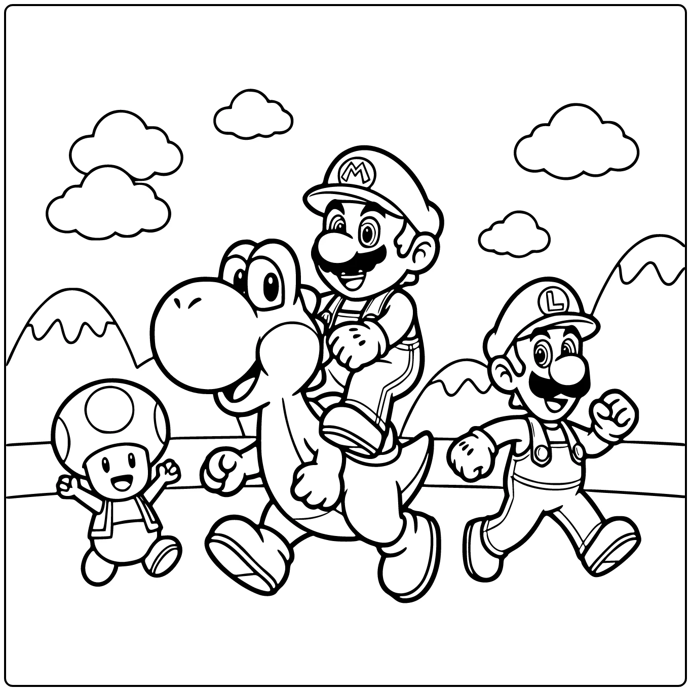 Easy Mario with Yoshi and Running Luigi coloring page