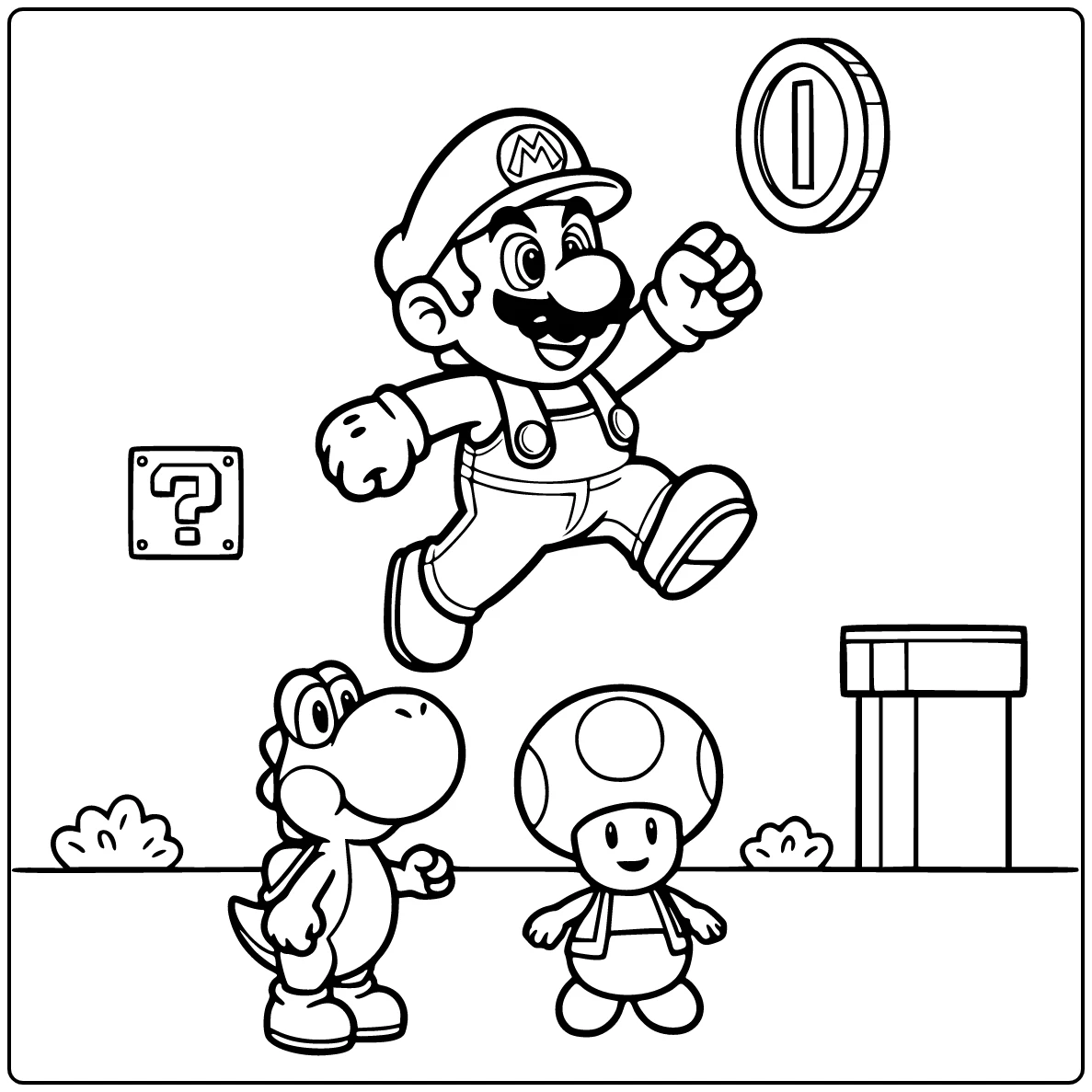 easy Mario coloring page jumping toward a floating coin