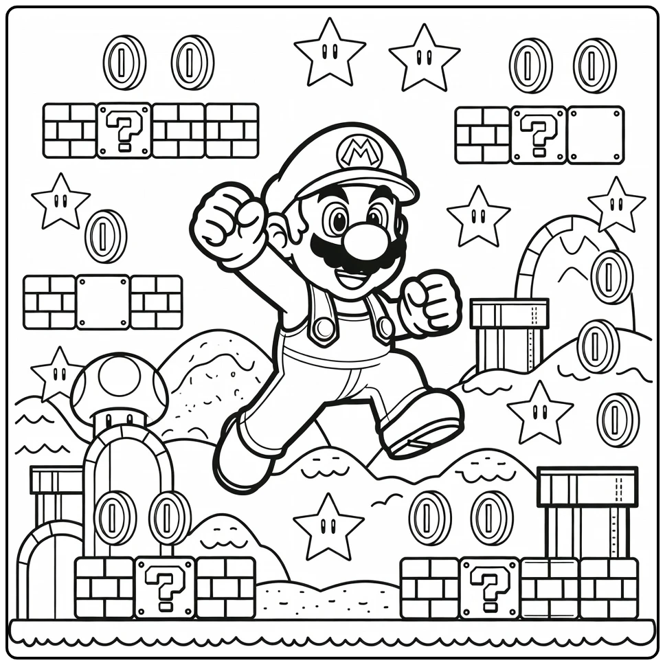 Detailed Mario Heroic Posing in Mushroom Kingdom coloring page